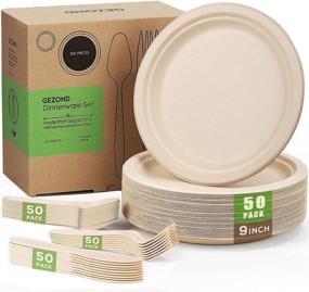 img 4 attached to 🍽️ 200Pcs Gezond Disposable Paper Plates Set, 9-inch Compostable Plate Utensils Eco Friendly Dinnerware Set Includes Biodegradable Plates, Forks, Knives, and Spoons for Party Camping, 50 Each