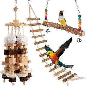 img 4 attached to Set of 3 Large Parrot Toys: Natural Wood Blocks, Ladder Swing Stand – Perfect for African Grey, Cockatoos, Amazon Parrots, and Other Large/Medium Birds