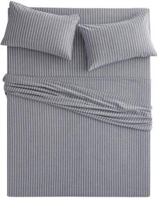 img 2 attached to Wake In Cloud - Grey Striped Sheet Set, Premium 100% Washed Cotton Bedding, Vertical Ticking Stripes Pattern in White (4pcs, King Size)