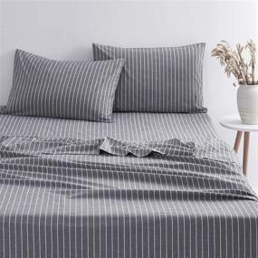 img 4 attached to Wake In Cloud - Grey Striped Sheet Set, Premium 100% Washed Cotton Bedding, Vertical Ticking Stripes Pattern in White (4pcs, King Size)