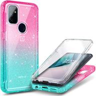 📱 nznd case for oneplus nord n100: full-body shockproof rugged bumper cover with screen protector - glitter pink/aqua logo