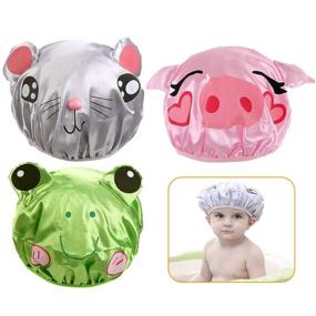 img 4 attached to 🐸 Cute AZFUNN 3-Pack Kids Shower Caps: Piggy Frog Hamster - Double Layer Waterproof Bath Hats for Girls!