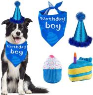 🎂 gofshy dog birthday cake toys: party decorations and chewable gifts for dog birthday party, with bandana and hat set - blue (2pcs plush squeaky toys for boys) логотип