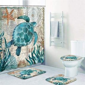 img 3 attached to ArtSocket Ocean Turtle Shower Curtain Set with Non-Slip Rugs, Toilet Lid Cover, Bath Mat, 12 Hooks - Beach Boho Design in Ocean Blue Teal, Featuring Seaweed, Conch, and Starfish - 72x72inch