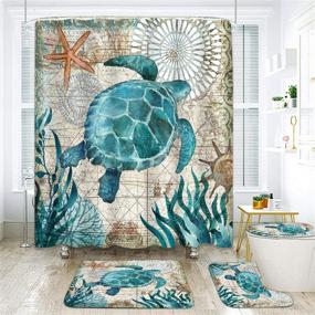 img 4 attached to ArtSocket Ocean Turtle Shower Curtain Set with Non-Slip Rugs, Toilet Lid Cover, Bath Mat, 12 Hooks - Beach Boho Design in Ocean Blue Teal, Featuring Seaweed, Conch, and Starfish - 72x72inch
