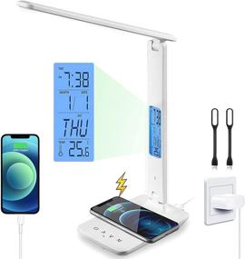 img 4 attached to 💡 Multipurpose LED Desk Lamp: Fast Wireless Charger, USB Port, Clock Alarm, Temperature + Eye-Caring Foldable Design, 5 Dimmable Lighting Modes, Ideal for Home Office