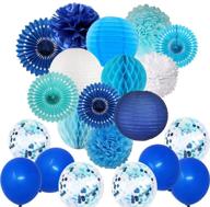 blue party decorations hanging set: tissue paper poms, flower paper fans, lanterns, and honeycomb balls for birthday, baby shower, wedding, boy prince party supplies logo