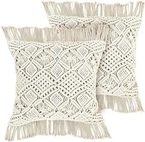 img 4 attached to 🌿 LIVALAYA Macrame Pillow Covers - Set of 2 Ivory Boho Throw Pillow Covers, Farmhouse Woven Bohemian Pillow Covers with Tassels for Bed Couch, Boho Decor Pillows, 18 inch Decorative Cases