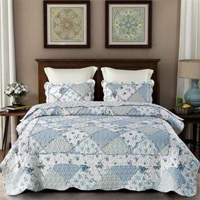 img 3 attached to 🌸 Синий цветочный покрывало для кровати "Queen" с орнаментом: 3-х частный набор поворотных покрывал с подушечными наволочками для кровати размером Full/Queen