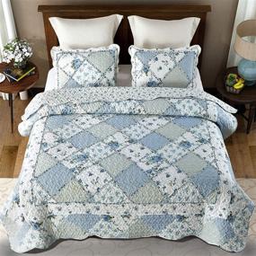 img 2 attached to 🌸 Синий цветочный покрывало для кровати "Queen" с орнаментом: 3-х частный набор поворотных покрывал с подушечными наволочками для кровати размером Full/Queen