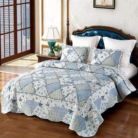 img 4 attached to 🌸 Blue Floral Queen Quilted Bedspread Coverlet Set: 3-Piece Patchwork Reversible Bedding Set with Pillow Shams for Full/Queen Size Bed