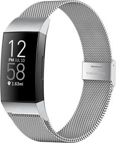 img 4 attached to 📿 GEAK Stainless Steel Metal Bands for Fitbit Charge 3/4 - Adjustable Mesh Loop Magnetic Replacement Wristband for Women and Men, Small Silver