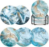 🌊 marble blue ocean style set of 6 drink coasters with holder - absorbent ceramic coasters with cork base, no scratches or stains logo