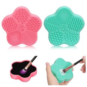 img 4 attached to 💐 Unaone 2 Pcs Makeup Brush Cleaning Mat, Cosmetic Brush Cleaning Pad with Color Removal Sponge, Dual Purpose Silicone Cleaner Box for Dry Brush Color Switch and Wet Cleaning, Flower Green & Pink