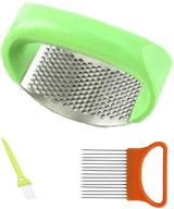 🧄 versatile garlic press rocker and onion holder slicer set: stainless steel tools for easy veggie chopping, includes cleansing brushes - perfect for cooking (garlic press+onion holder slicer,green) logo