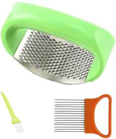 img 4 attached to 🧄 Versatile Garlic Press Rocker and Onion Holder Slicer Set: Stainless Steel Tools for Easy Veggie Chopping, Includes Cleansing Brushes - Perfect for Cooking (Garlic Press+Onion Holder Slicer,Green)