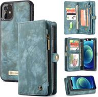 💚 zttopo wallet case for iphone 12 mini - 2 in 1 leather zipper detachable magnetic 11 card slots money pocket cover with screen protector - blue-green logo