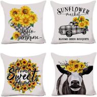 🌻 set of 4 hexagram rustic sunflower pillow covers 18 x 18 - decorative farmhouse cow truck design, soft linen throw pillow cover cushion case for sofa, bench, living room - indoor/outdoor home decor логотип