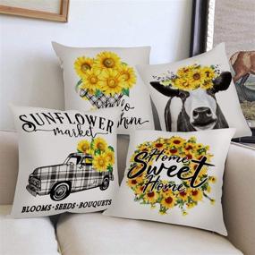 img 3 attached to 🌻 Set of 4 Hexagram Rustic Sunflower Pillow Covers 18 x 18 - Decorative Farmhouse Cow Truck Design, Soft Linen Throw Pillow Cover Cushion Case for Sofa, Bench, Living Room - Indoor/Outdoor Home Decor