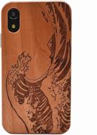 🌊 cyd wooden case for iphone xr: engraved japanese great wave, natural wood finish, shockproof slim bumper, drop proof tpu cover logo