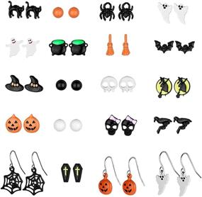 img 4 attached to Hypoallergenic Halloween Stud Earrings for Girls: Cute Cat, Bat, Pumpkin, Spider, Ghost, Witchy Skull, Skeleton Dangle Earrings Pack. Holiday Earrings Studs for Women & Girls