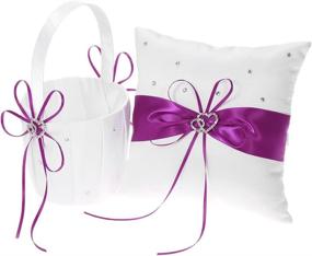 img 3 attached to 💜 Wedding Party Set: Double Heart Satin Flower Girl Basket, 7-inch Ring Bearer Pillow, Guest Book, Pen Holder & Bride Garter Set (Purple) - 5 pcs