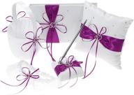 💜 wedding party set: double heart satin flower girl basket, 7-inch ring bearer pillow, guest book, pen holder & bride garter set (purple) - 5 pcs логотип