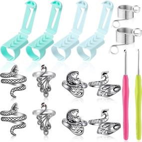 img 4 attached to Adjustable Knitting Crochet Loop Ring Set: 16 Pieces Plastic Yarn Guides, Finger Holders, Thimbles, and Crochet Hooks. Peacock Open Finger Loop Ring, Snake Fish Braided Ring - Ideal for Optimal Knitting Experience