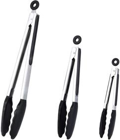 img 4 attached to 🍴 Durable Stainless Steel Kitchen Tongs Set - 3-Piece with Silicone Tips for Cookouts, BBQ Grilling, Buffet Serving - 7/9/12 Inches (Black)