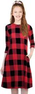 👧 girls 6-12 years: kymidy buffalo check plaid dress - midi length, 3/4 sleeves, casual dress with convenient pockets logo