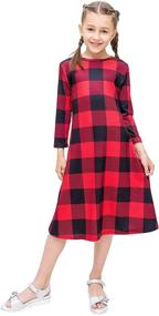 img 3 attached to 👧 Girls 6-12 Years: KYMIDY Buffalo Check Plaid Dress - Midi Length, 3/4 Sleeves, Casual Dress with Convenient Pockets