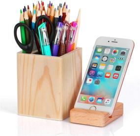 img 4 attached to 📱 Bamboo Wood Phone Stand and Pen Pencil Holder with Multi Purpose Use - Desk Organize, Pencil Cup Pot (Wood)