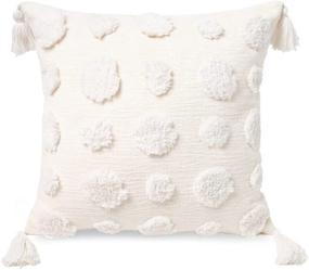 img 4 attached to 🌼 PLWORLD 18x18 Inch Boho White Throw Pillow Cover with Tassels, Pom Pom Tufted Cream Chenille Fabric Accent Textured Cushion Case for Bed Couch - 1 PC