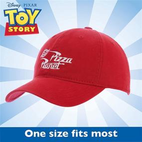 img 1 attached to Red Cotton Baseball Cap with Embroidered Pizza Planet Delivery Logo from Disney Pixar Toy Story, Adjustable with Curved Brim and Medium Size