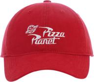 red cotton baseball cap with embroidered pizza planet delivery logo from disney pixar toy story, adjustable with curved brim and medium size logo