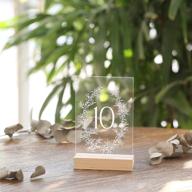 🌿 uniqooo wedding table numbers 1-20 - acrylic with wood stands, 4x6 inch, botanical olive wreath design, clear table number signs and holders, ideal for reception, centerpiece decoration, event, party logo