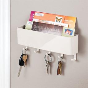 img 2 attached to Modern Plastic Mail Organizer Storage Basket - 5 Hooks - Wall Mount for Entryway, Mudroom, Hallway, Kitchen, Office - Ideal for Holding Letters, Magazines, Coats, Keys - Cream/Beige