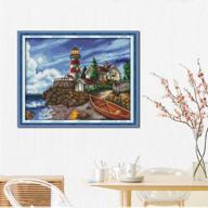 seaside lighthouse cross stitch stamped kit - accurate pre-printed pattern for adult home decor. 11ct, 27”x 22”, pattern printed on fabric. logo