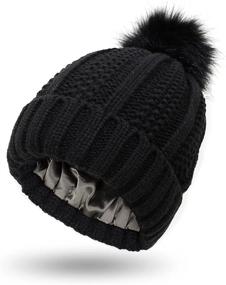 img 4 attached to 🧢 Muryobao Women's Satin-Lined Winter Beanie Hat with Faux Fur Pom - Cuffed Warm Knit Skull Cap | SEO-Optimized