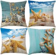 🌊 7colorroom nautical coastal decor pillow covers: 4 pack of starfish/seashell/sand/conch designs - perfect 18 x 18 inch sea theme home decorative pillowcases логотип