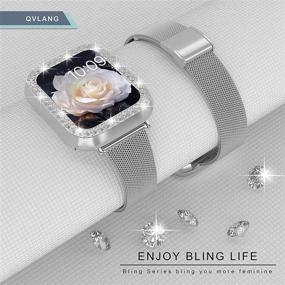 img 3 attached to 💎 Стильный узкий ремешок QVLANG для женщин - совместим с Apple Watch 38 мм, из нержавеющей стали металлическая сетчатая браслетка & блестящий алмазный чехол - идеален для iWatch SE Series 6/5/4/3/2/1 (Серебро, 38 мм)