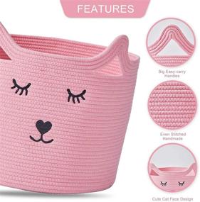 img 1 attached to 🐱 InfiBay Baby Nursery Organizer: Cute Cat Design Toy Storage Bin for Nursery – Pink Cotton Rope Basket with Handles