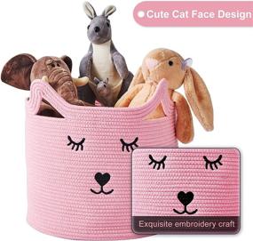 img 3 attached to 🐱 InfiBay Baby Nursery Organizer: Cute Cat Design Toy Storage Bin for Nursery – Pink Cotton Rope Basket with Handles