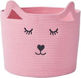 img 4 attached to 🐱 InfiBay Baby Nursery Organizer: Cute Cat Design Toy Storage Bin for Nursery – Pink Cotton Rope Basket with Handles