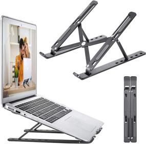 img 4 attached to Adjustable Portable Laptop Stand for Desk - Ergonomic Aluminum Foldable Design, Non-Slip 6-Speed Stand for 10-15.6 inch Laptops (Black)