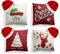 🎄 festive farmhouse christmas pillow covers set: 18×18 inch - red buffalo plaid & hats, rustic linen sofa couch decorations - set of 8 throw pillow covers логотип