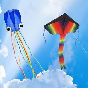 img 1 attached to Listenman Pack of 2 Kites: Large Rainbow Delta Kite and Blue Mollusc Octopus - Fun, Easy-to-Fly Kites for Beach, Kids, and Adults - Perfect for Outdoor Games and Family Activities