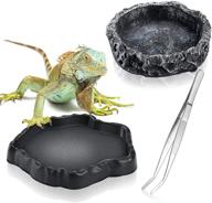 🦎 set of 3 reptile water and food dishes: includes 2 resin rock bowls for feeding and watering + 1 feeding tweezer tong - ideal for pet tortoise, lizard, frog, gecko, snake, and chameleon logo