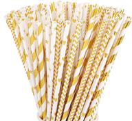 🌟 alink biodegradable gold paper straws bulk: 100 metallic foil striped/wave/heart/star straws for celebrations and parties logo