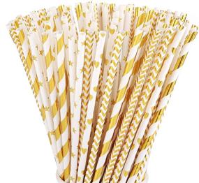 img 4 attached to 🌟 ALINK Biodegradable Gold Paper Straws Bulk: 100 Metallic Foil Striped/Wave/Heart/Star Straws for Celebrations and Parties